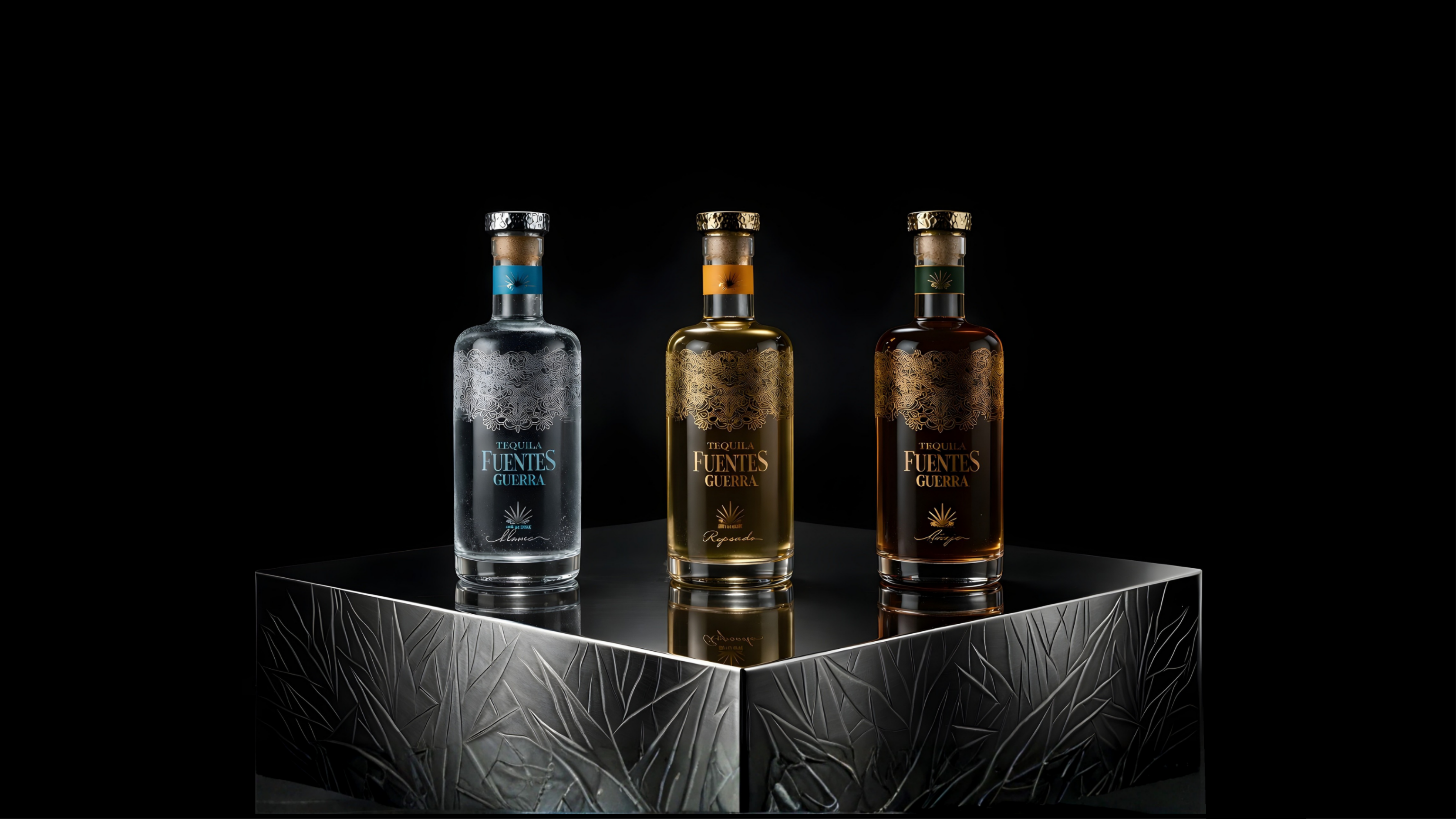 Tequila Fuentes Guerra — three bottles, studio lighting